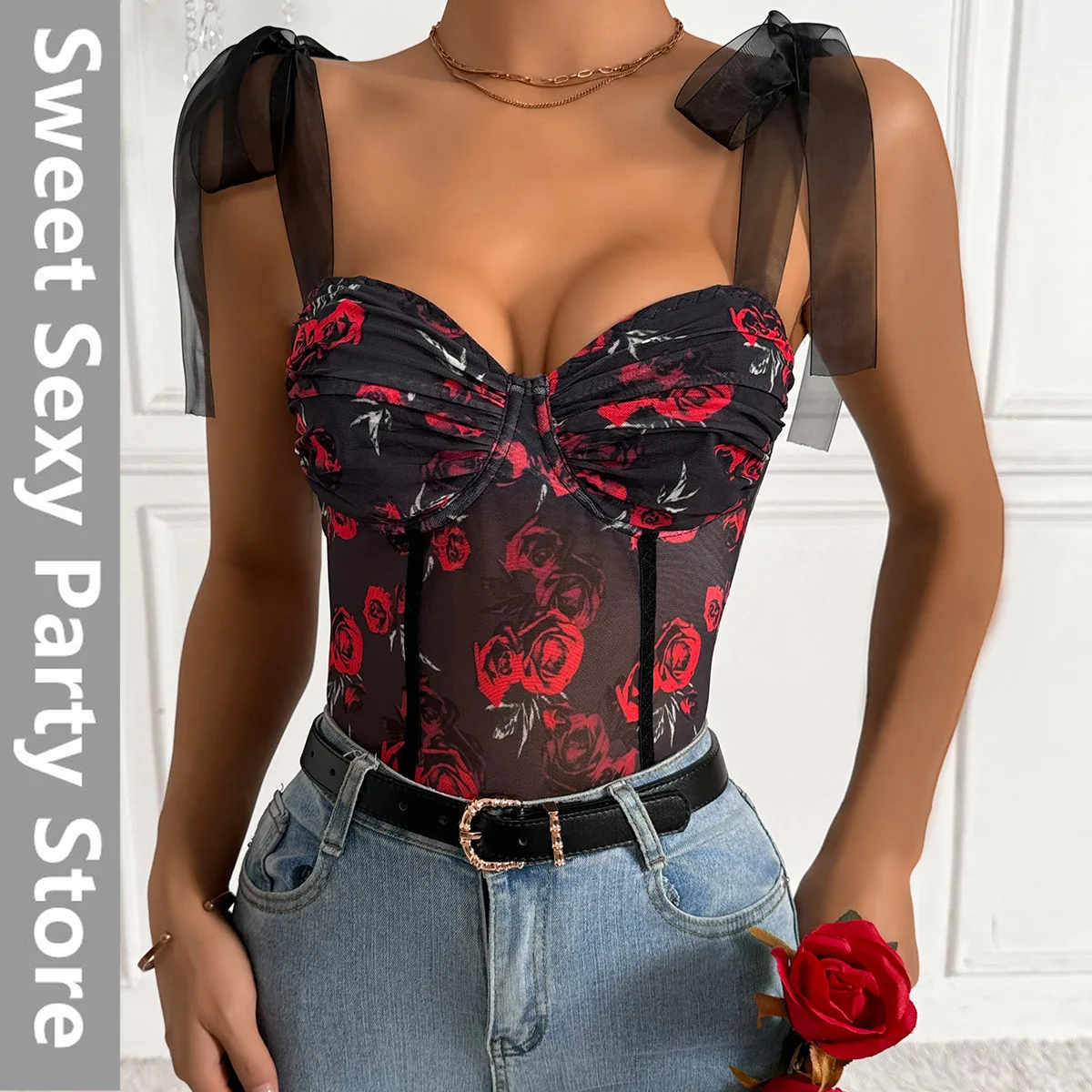 

2025 new European and American fashion independent station mesh printing sexy flower steel ring strap onesie 60776