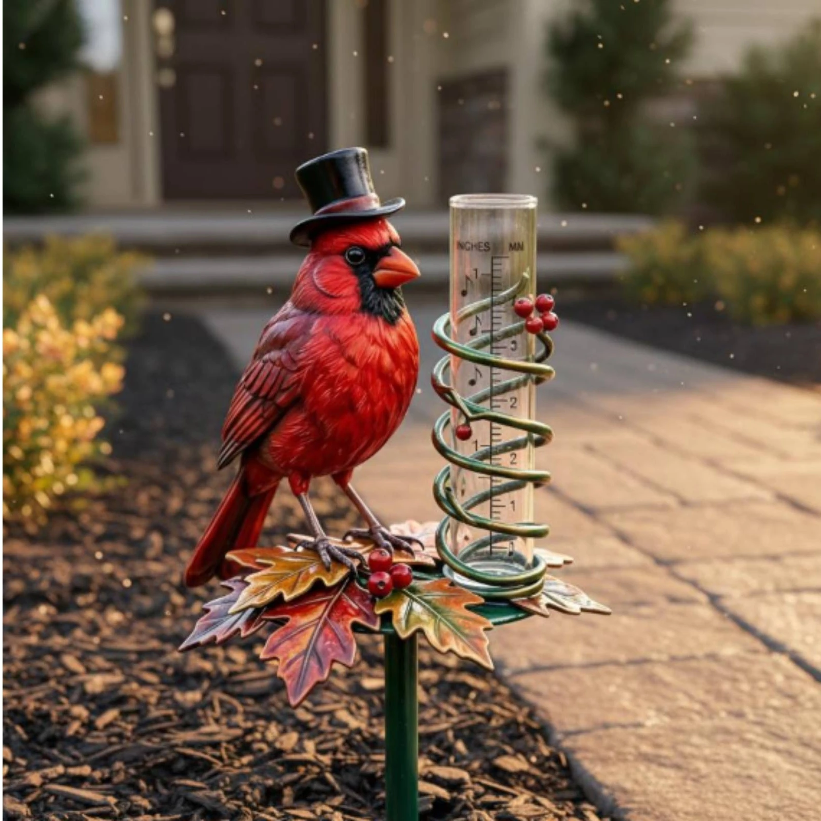 Cardinal Rain Gauge Autumn Leaves Decorative Rain Gauge Garden Decor Spiral Vine Double Scale for Yard