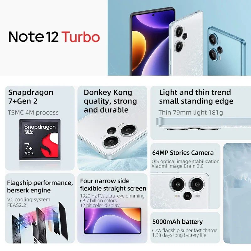 Xiaomi Redmi Note 12 Turbo 5G chiński 256GB/512GB Snapdragon 7 + Gen 2 120Hz OLED wyświetlacz NFC 67W szybkie ładowanie 64MP aparat