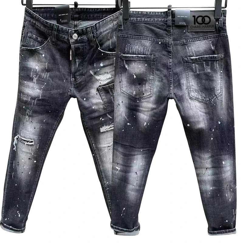 100 chareiharper 089 Men's skinny Skinny jeans Ripped Fabric Non-stretch Paint Splash vintage blue jeans