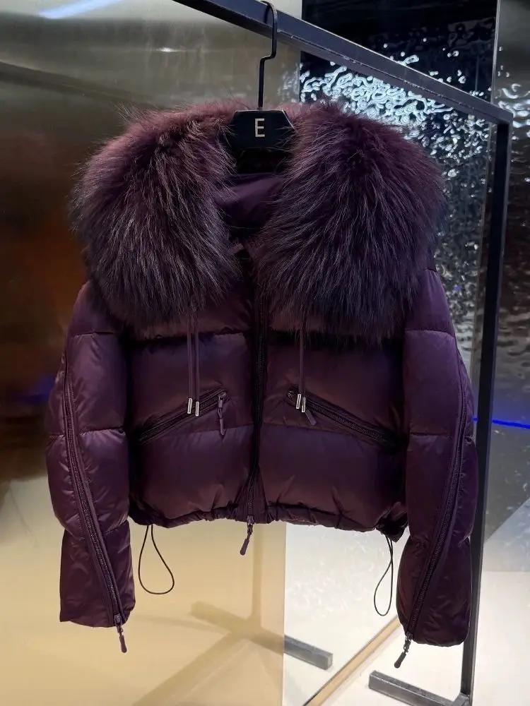 CX 2025 جديد سترة منفوخة الشتاء قصيرة انفصال طوق فو الفراء طوق سترة المرأة سميكة الأبيض بطة أسفل معطف الإناث