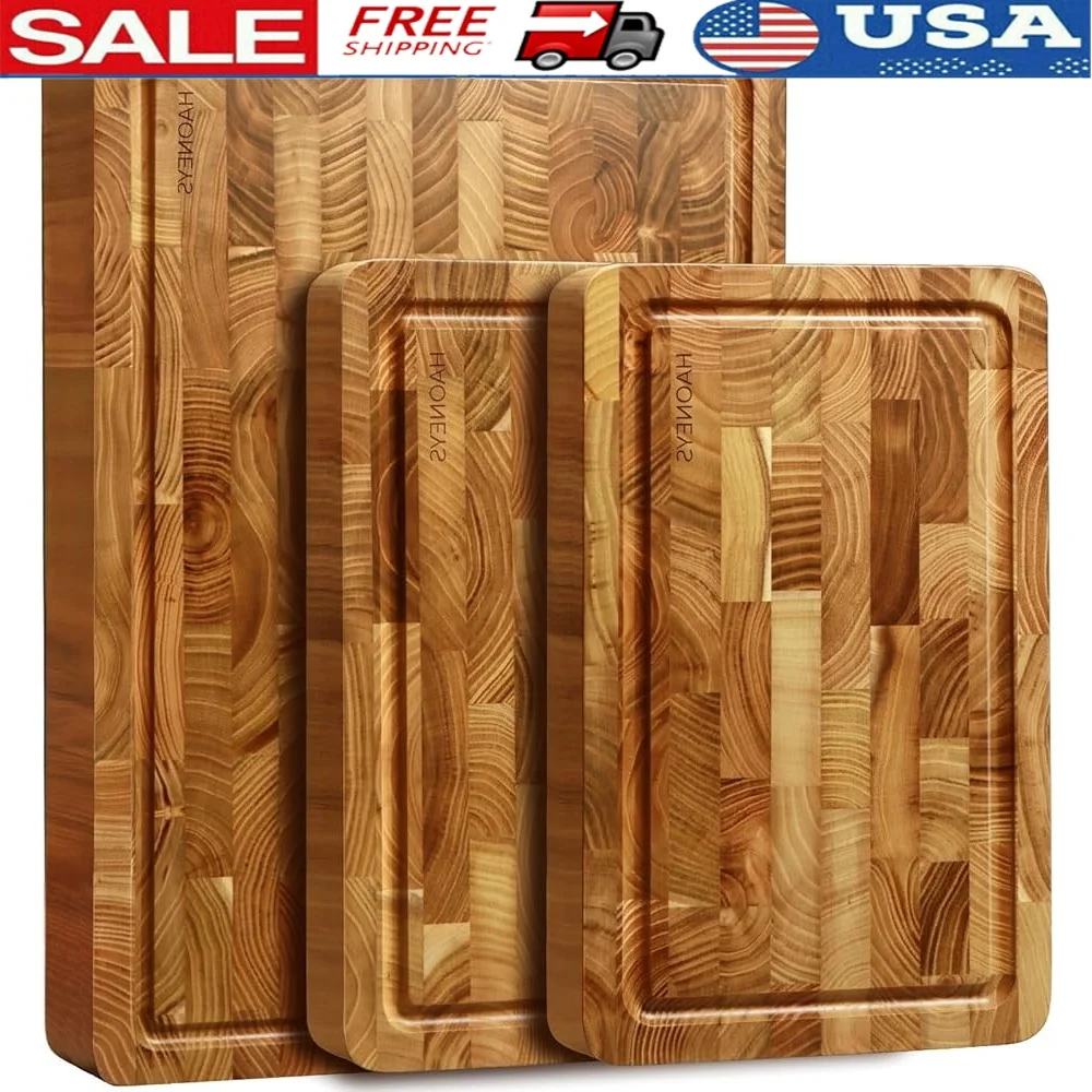 

Набор разделочных досок из тикового дерева, 3-х предметные разделочные доски с торцевым зерном, кухонный многоцелевой прочный нож, удобный, легко чистится, скрытый