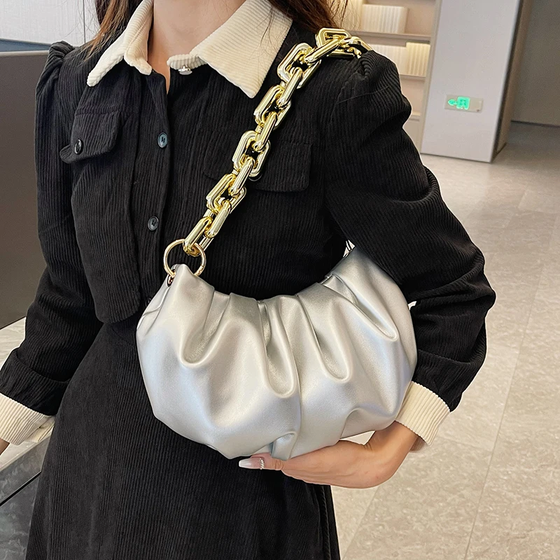 Luxury Thick Chain Shoulder Bag 2023 Fashion Underarm Dumpling Women\'s Bag Designer Handbag And Purse Female Pleated Cloud Bag