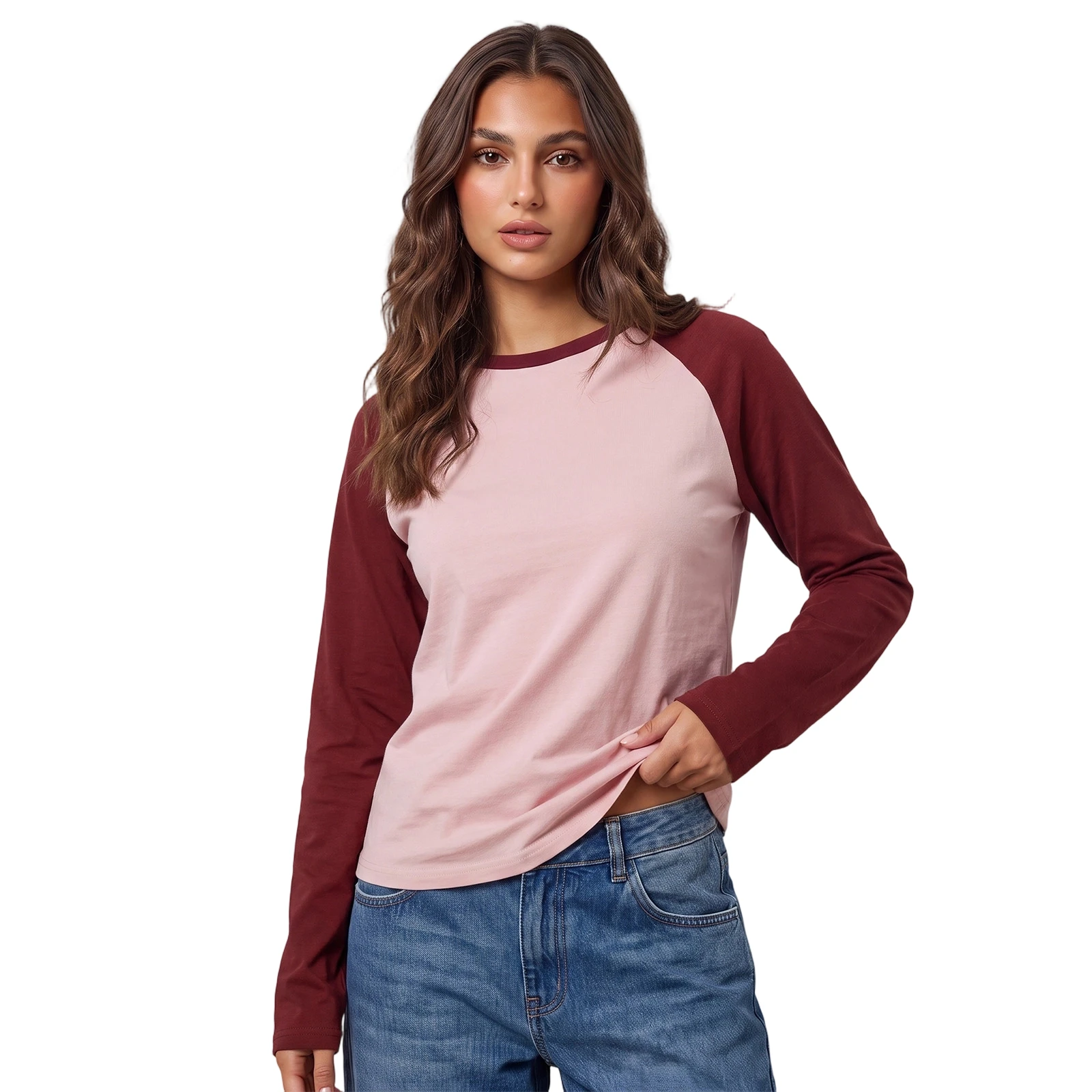 Women's Fall Long Sleeve Tops Contrast Color Round-Neck Loose T-Shirt