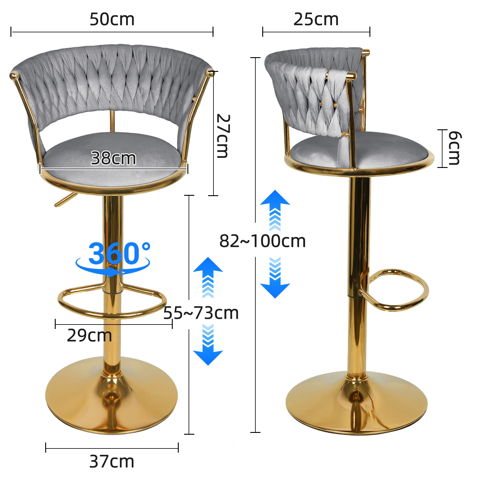 Set van 2 keukenkrukken met fluwelen bekleding en geweven rugleuning en in hoogte verstelbaar, barstoelen, restaurant, draaibaar frame