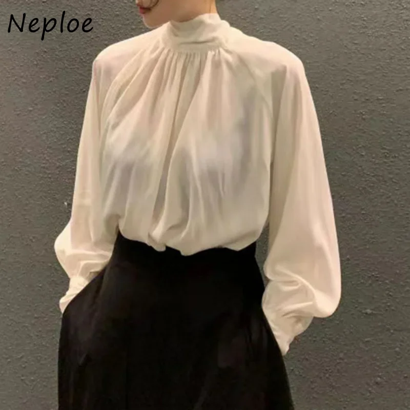 Neploe Stand Neck Solid Color Long Sleeve Blouses Back Bandage Loose Casual Shirts Autumn Vintage Blusas Mujer De Moda 2024