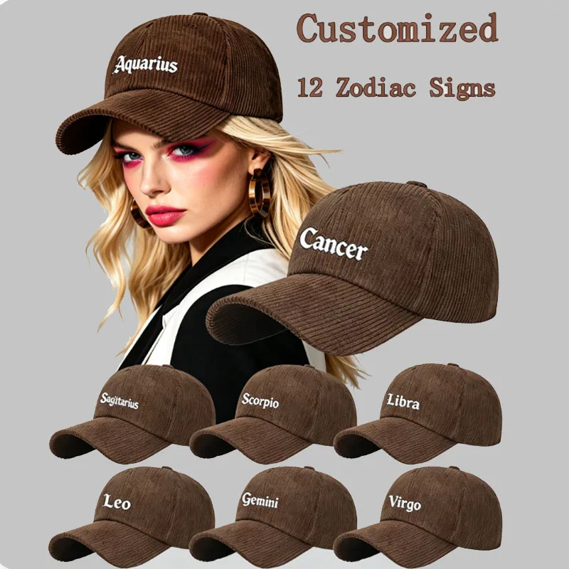 12 Zodiac Signs Corduroy Baseball Cap, Adjustable Unisex Casual Hat, Perfect For Festival, Daily Wear, Fashion Accessory Gift