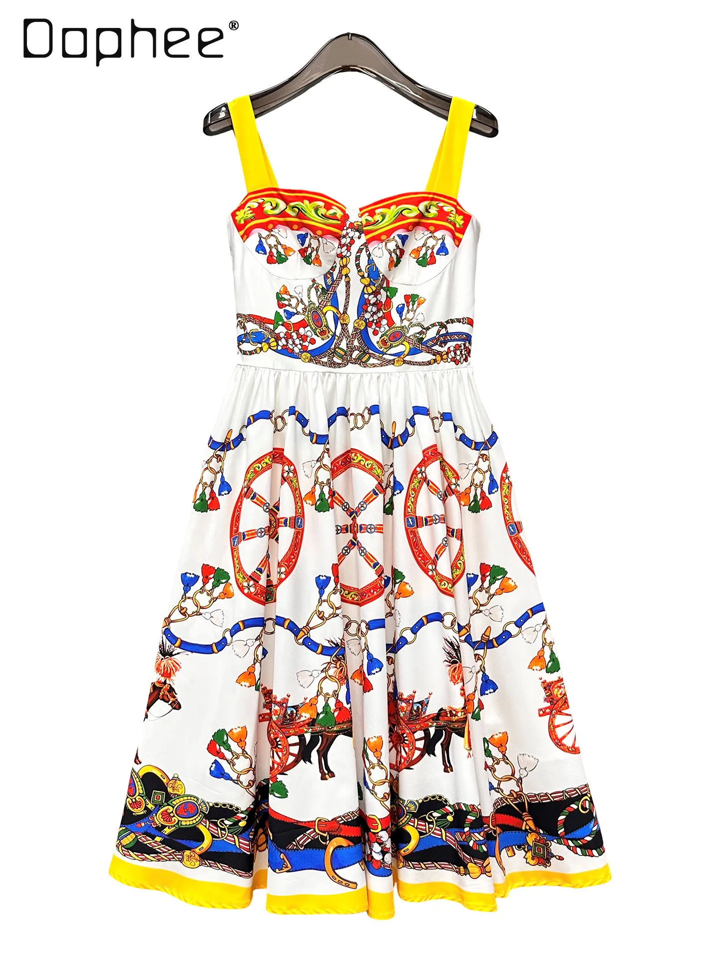 

2026 Summer New Holiday Style Sweet Fashion Print Suspender Dress Retro Temperament Socialite High Waist Slim A-line Dresses