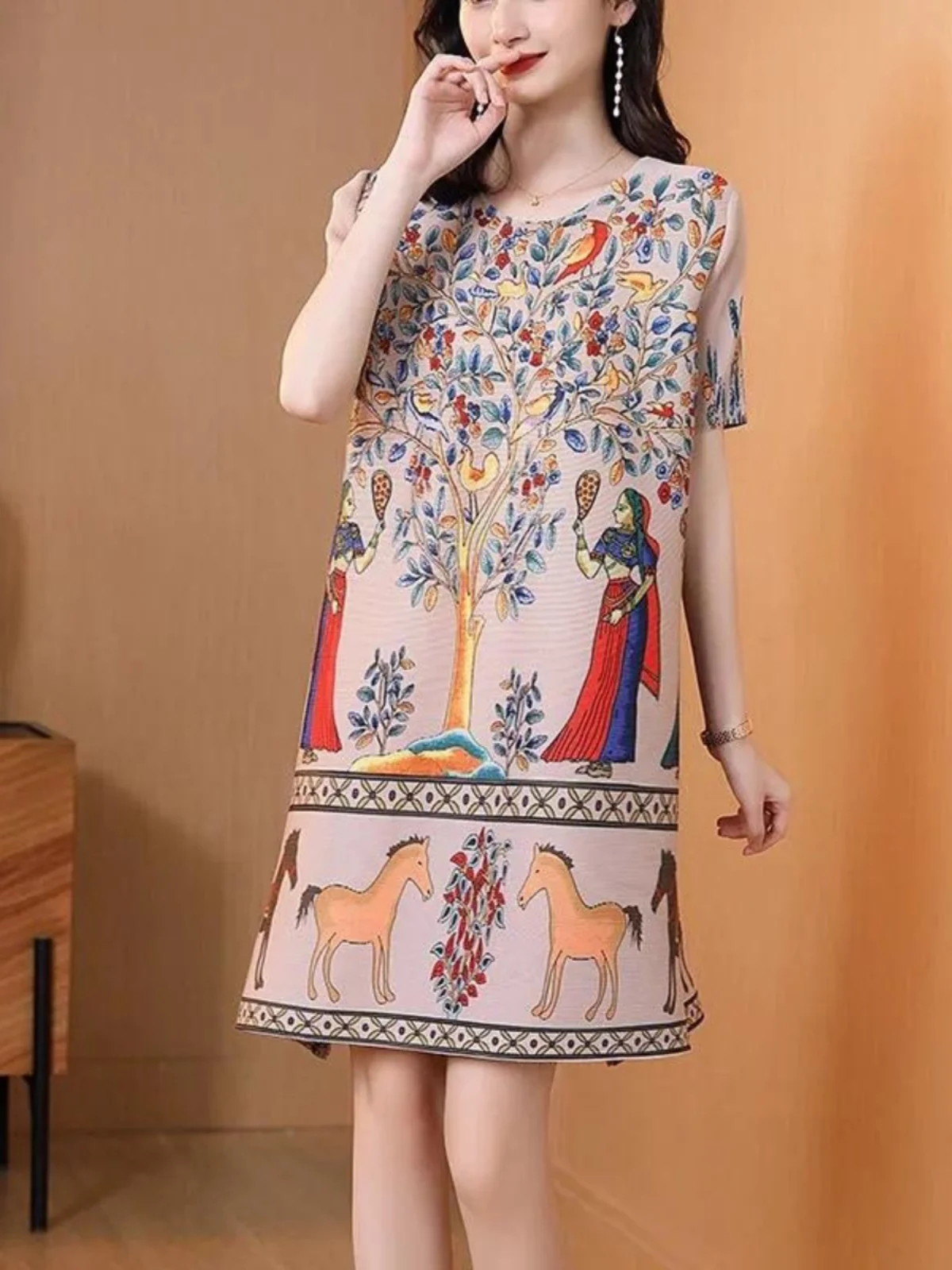 

Summer New Sle Japanese Pleated ort Sve Dr Loose plus Size Slimming Midi Skirt Faionable Mom Clothes A-Line Dr