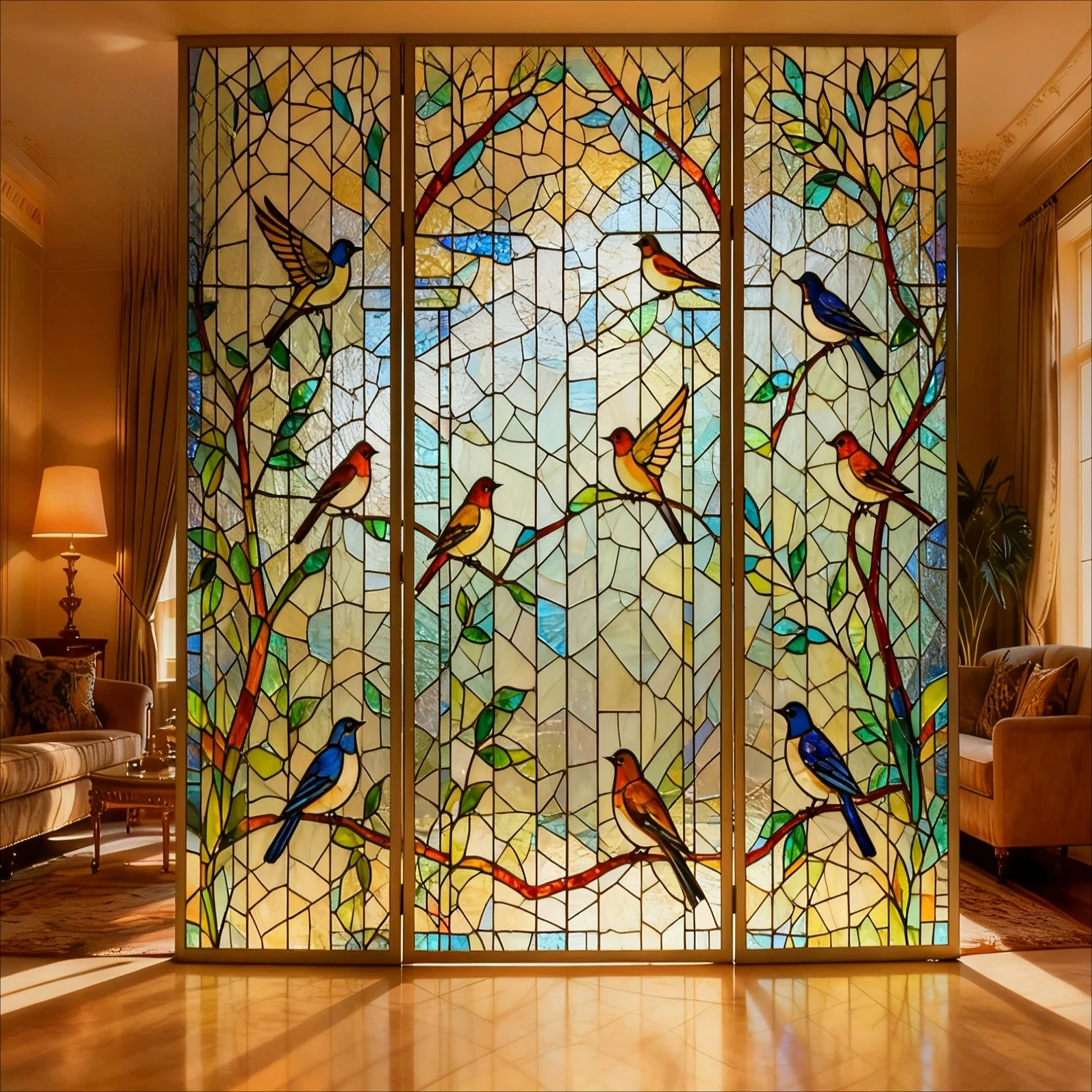 Church stained glass custom Tiffany glass screen, front door entrance, hotel art glass partition