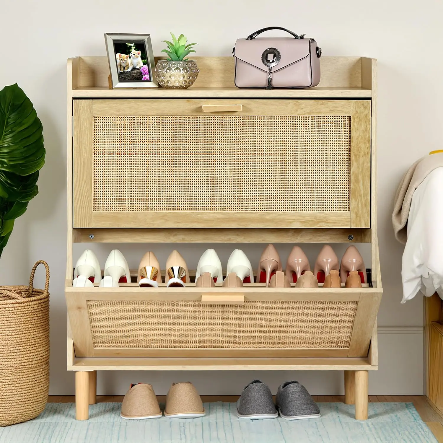 Shoe Cabinet 2-Tier Slim Organizer Flip Drawers Adjustable Width Entryway Free Standing Large Top Board, Customized