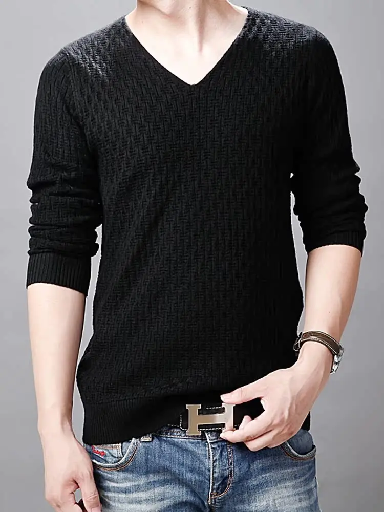 

Весенне-осенний мужской тонкий вязаный свитер с v-образным вырезом, облегающий цветной базовый ирт, модная длинная шерстяная футболка све, повседневная одежда