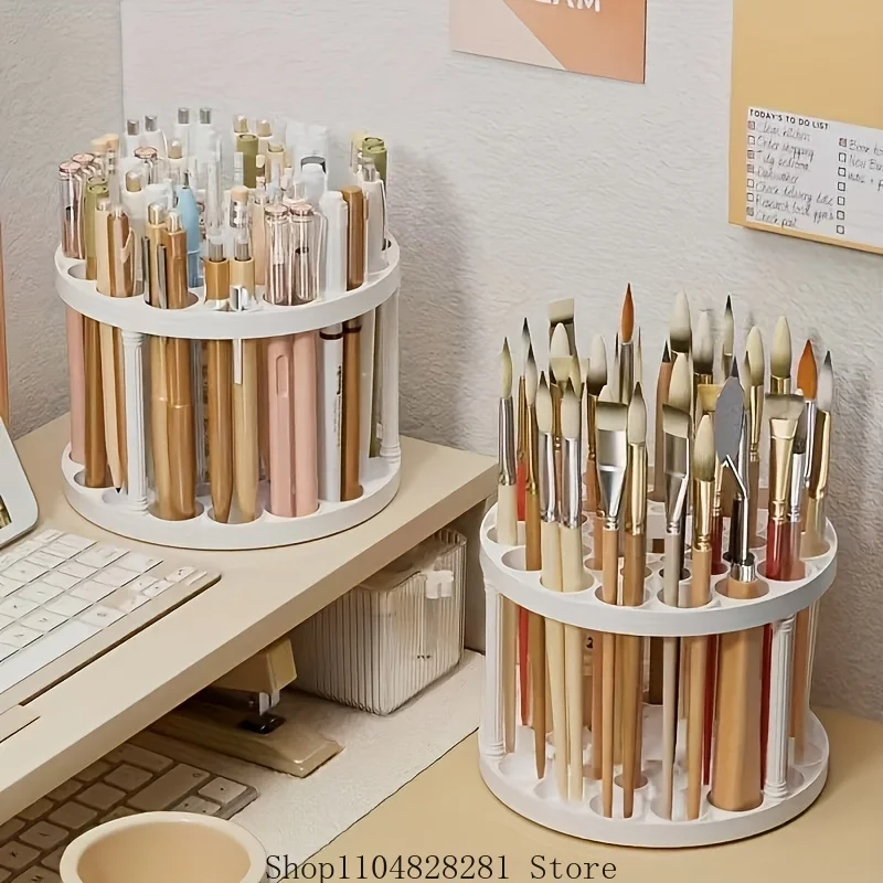 360 °   حامل فرشاة دوار - مقبس بلاستيكي مزجج، مناسب للفرش وأدوات التجميل - ملحق سطح مكتب أبيض موفر للمساحة