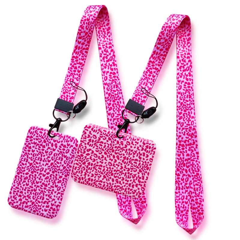 Pink Leopard Print ID Card Holder Lanyard Keychain Women Credit Card Case Neck Strap Badge Holders Credentials Retractable Clip