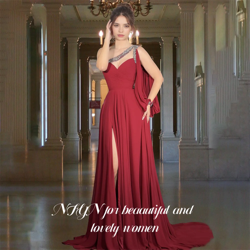 

NFYN Burgundy Chiffion One Shoulder Prom Dress Beaded Prom Gown Long Sweetheart Evening Dress Formal Dress with Split Customized