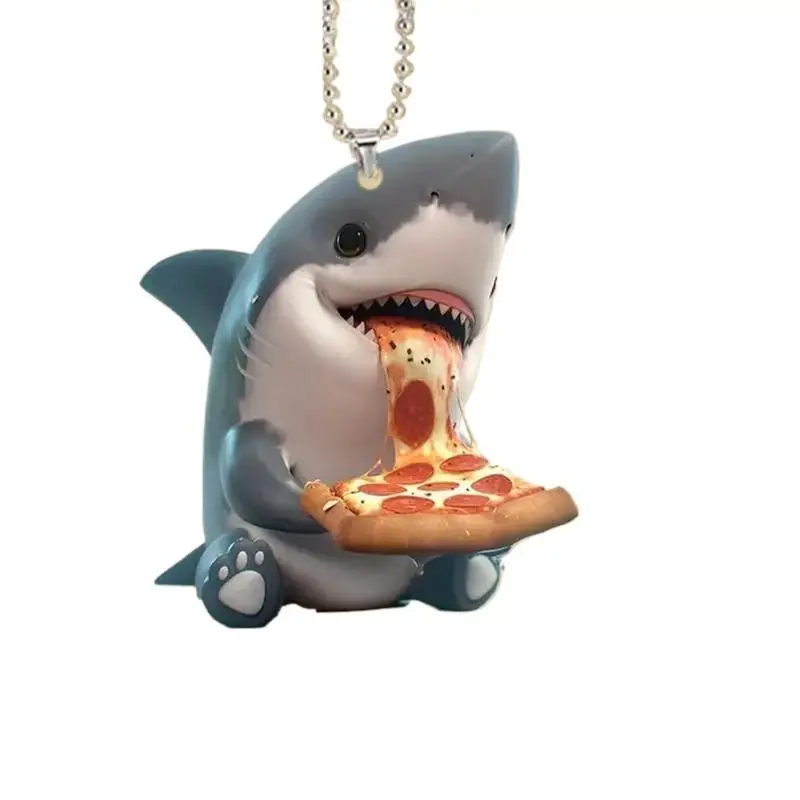 Shark Car Ornaments 2D Acrylic Flat Creative Shark Eating Pizza Car Ornament Christmas Tree Sea Animal Pendant For Bag Decor