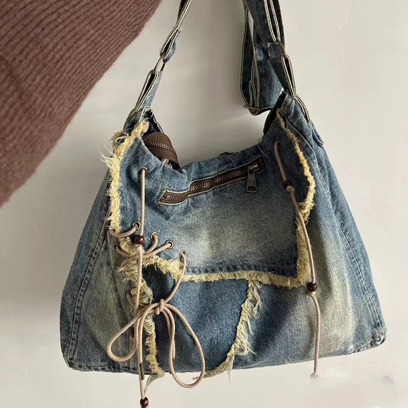 Bolsas crossbody de grande capacidade com borlas para mulheres, denim retrô de nicho, bolsas casuais versáteis para estudante escolar