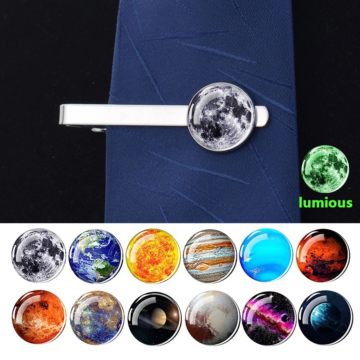 1PC Glow in The Dark Solar System Planet Tie Clip Galaxy Nebula Luminous Moon Earth Tie Bar for Men Suit Accessories