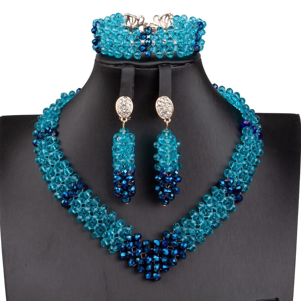 Sky Blue Crystal Beads Jewelry Sets African Wedding Jewelry Sets Trendy Nigerian Party V-Type Beads Sets Free Shipping ABG159