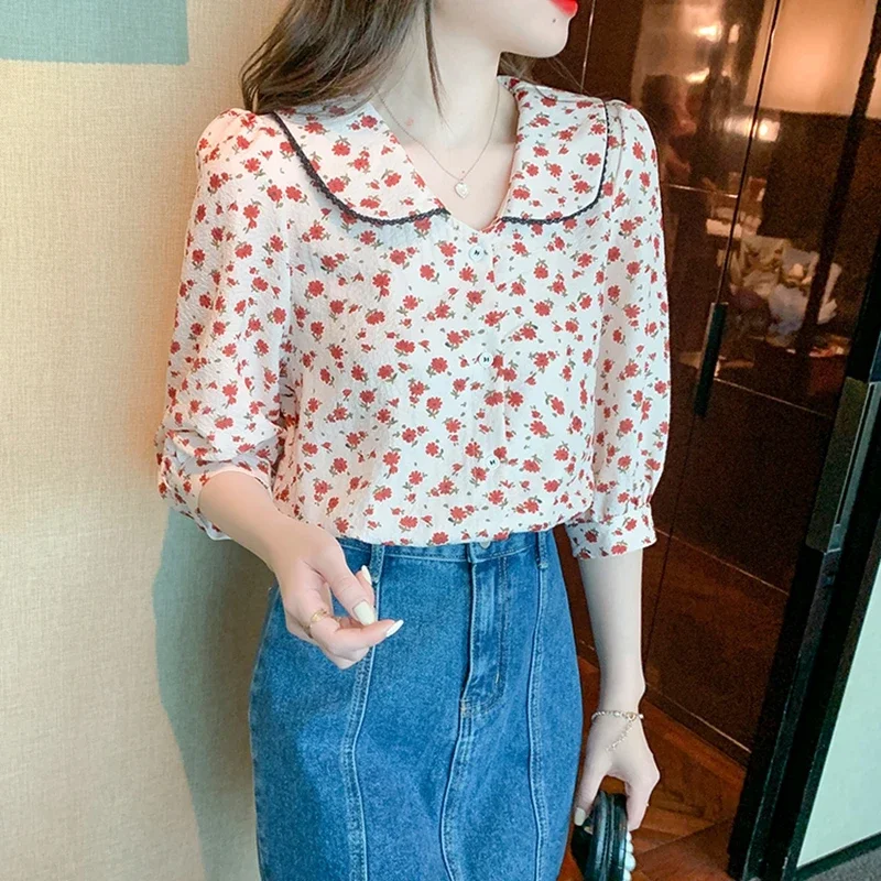 Vintage Floral Summer Chiffon Shirts Women 2024 Korean Fashion Clothes Casual Blouses Sweet Girls Printed Puff Sleeve Tops Mujer