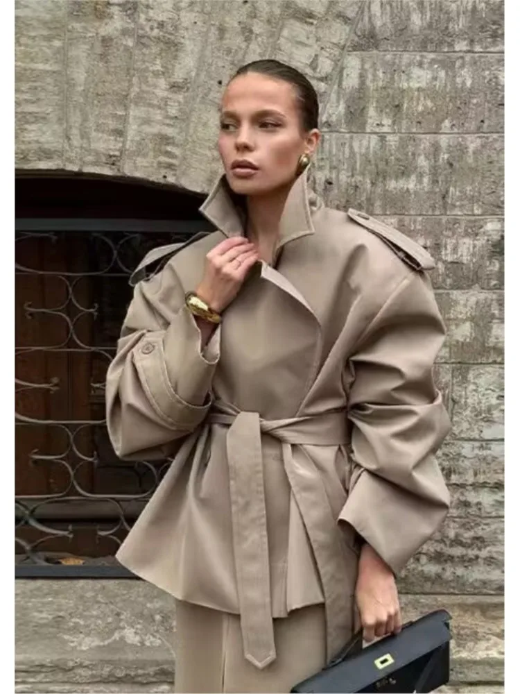 HipSeam-Chaqueta corta con cinturón para mujer, solapa grande, mangas largas y hombros caídos, cortavientos de doble botonadura, prendas de vestir exteriores para mujer