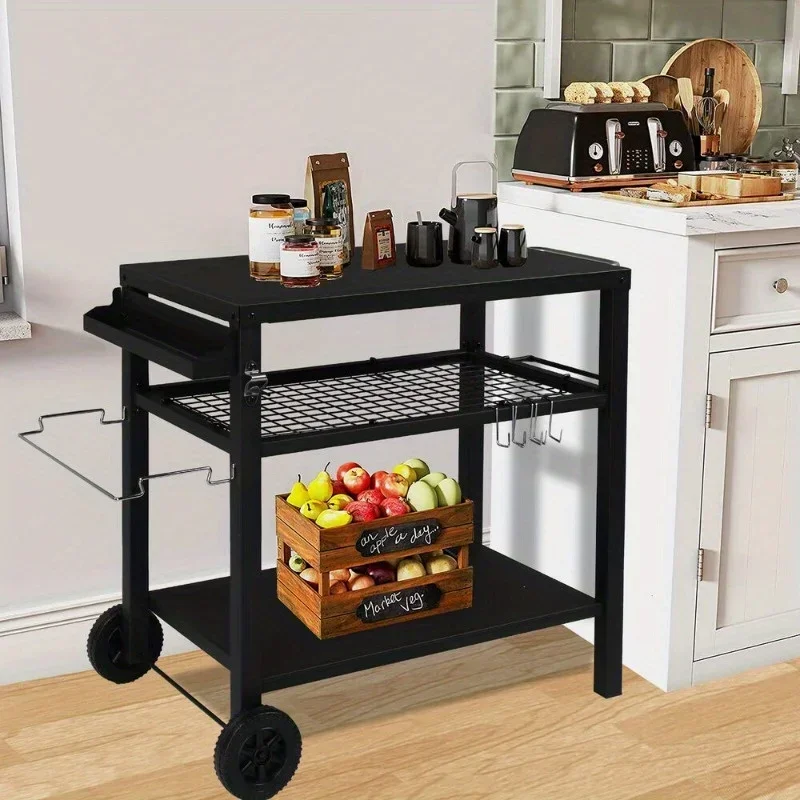 Outdoor Grill Cart Oven Stand 3-Shelf Flattop BBQ Prep Movable Table with Wheels