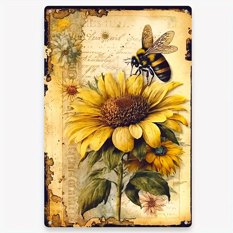 Vintage Sunflower & Bee Metal Wall Art Sign, Rustic Iron Plaque  Nature-Inspired Wall Hanging for Home, Cafe, Bar, Garage Decor