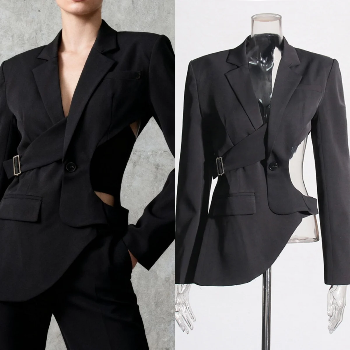 

Новый модный женский сексуальный облегающий пиджак с длинным рукавом и открытой спиной, нерегулярный дизайн на пуговицах, одежда для ночного клуба