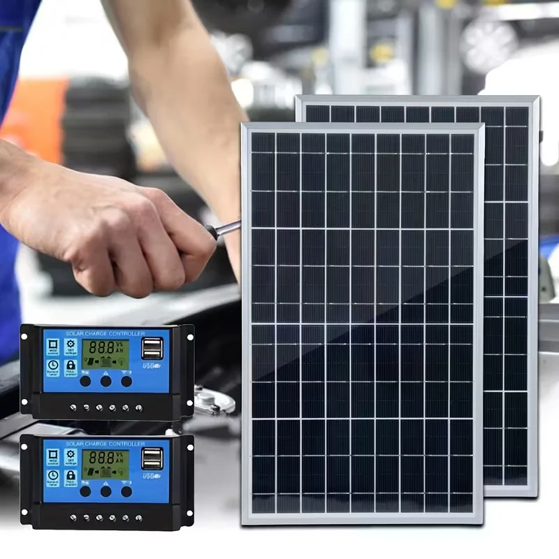 2-teiliges Solarpanel-Set mit 100A-Controller, komplettes 12V-Polycrystalline-System, tragbarer, wiederaufladbarer Solarzellen-Generator für den Außenbereich, geeignet für den Heimgebrauch.
