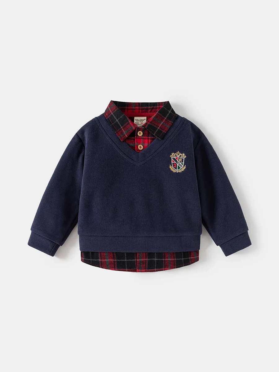 2026 Frühling Kinderkleidung Hoodie Jungen Preppy-Stil Fake-Zweiteiler Sweatshirt Karierter Kragen Langarm Besticktes Jungen-Oberteil – Detail 14