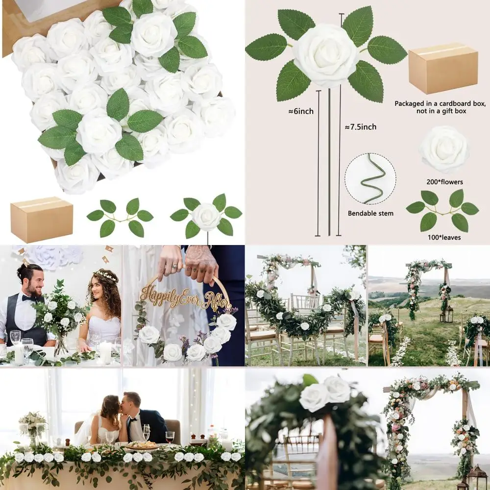 

200 шт. искусственные цветы белые розы настоящие пенопластовые искусственные розы с листьями и для свадебных букетов своими руками свадебный душ центр