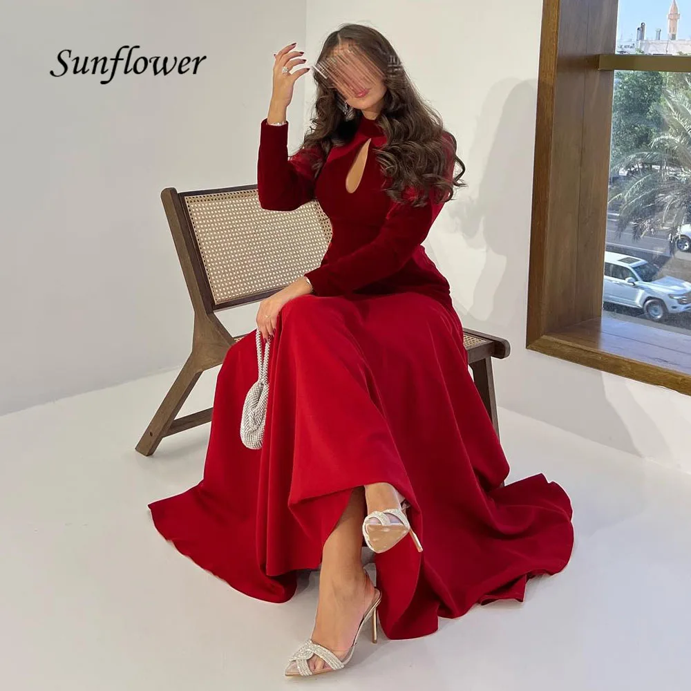 Sunflower Halter Crepe Long Sleeve A-LINE Evening Dresses Saudi Arabia Backless Formal Occasion Dresses Floor-Length Party Gowns