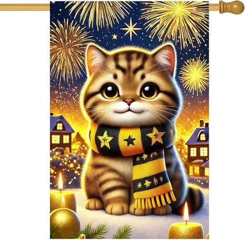 Happy New Year House Flag 28x40 Inch Double Sided Garden Flag Cute Cat with Scar PPZ