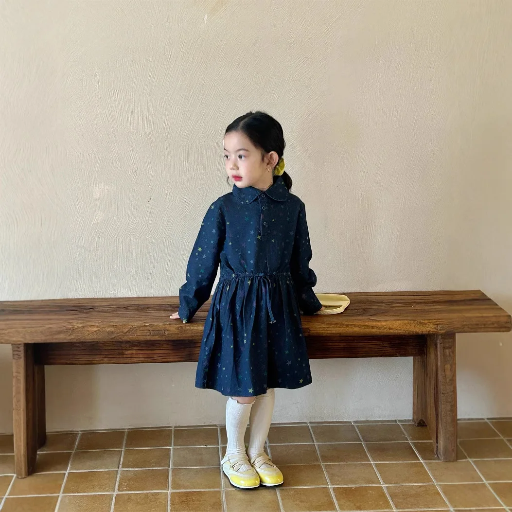 

2025 Spring New Girls' Foreign-style Five-pointed Star Printed Denim Dress Korean Children's Spring Long-sleeved Skirt