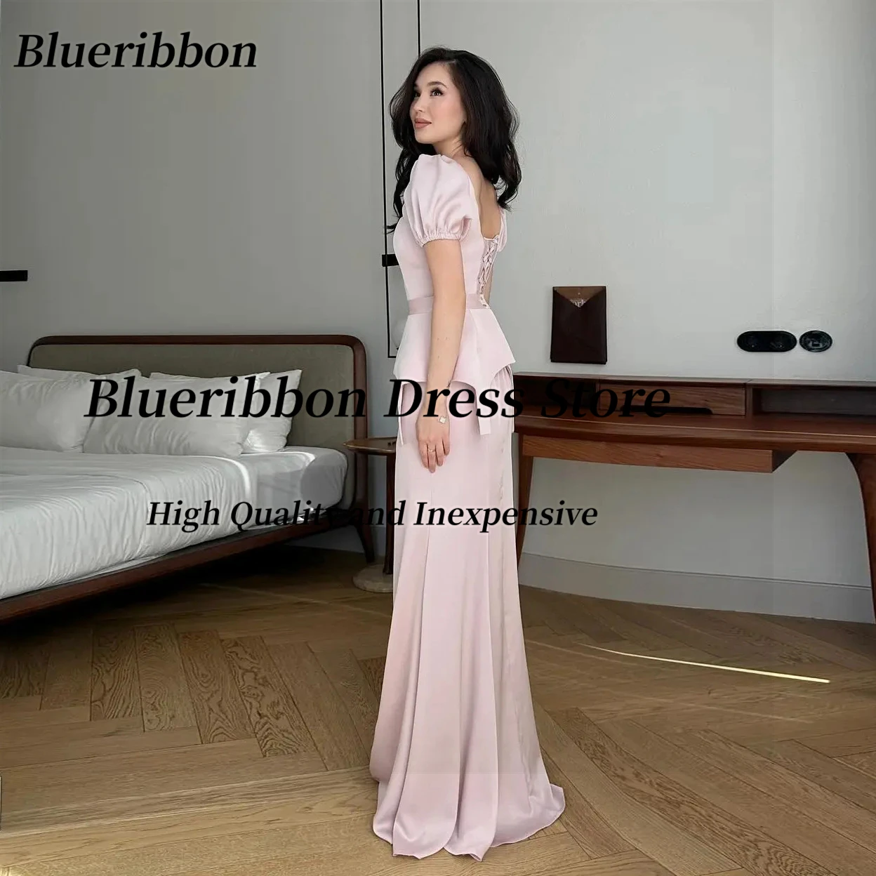 Blueribbon Square Neck Prom Dresses Short Sleeves Detachable Sash Evening Gowns Customized Lace Up Back платье женское вечернее