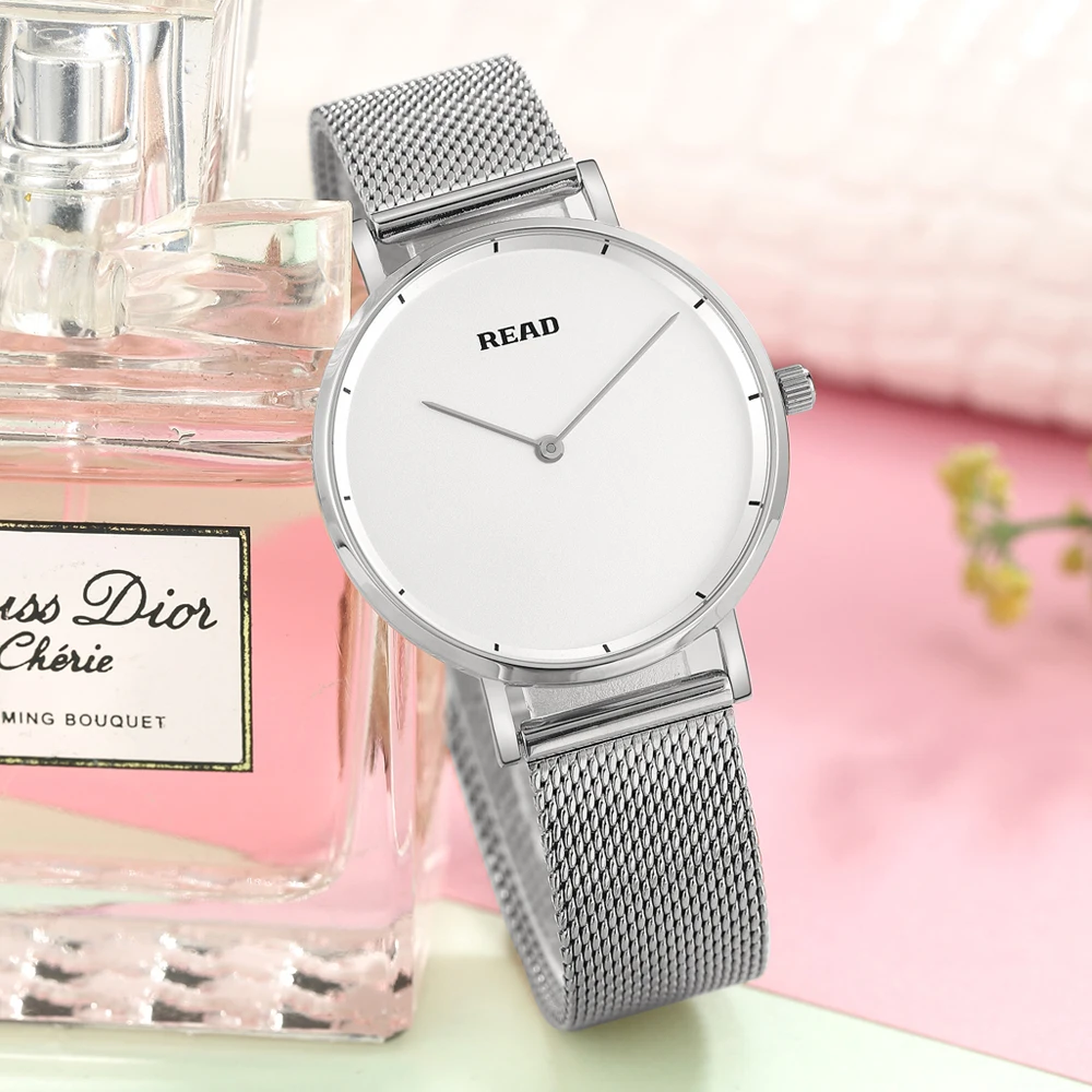 READ Women Minimalist Quartz Watch | Silver Mesh Strap | Plain White Dial | High Hardness Glass | 3ATM Waterproof