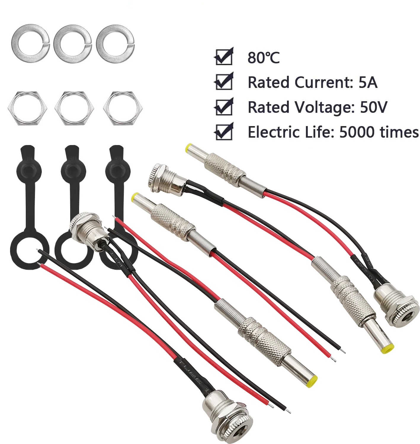 2Pcs 5.5mm 2.1mm 2.5mm DC Power Jack Threaded Female Panel Mount Barrel Connector Adapter 20AWG Wire 2 Pin Solder with Dustproof