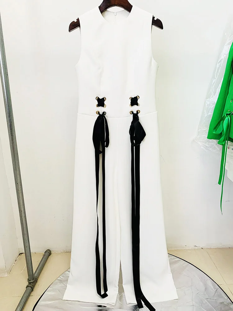 

Весна-Лето 2026: Женские брюки-палаццо с высокой талией, длиной в пол, с поясом-лентой, белый комбинезон-костюм