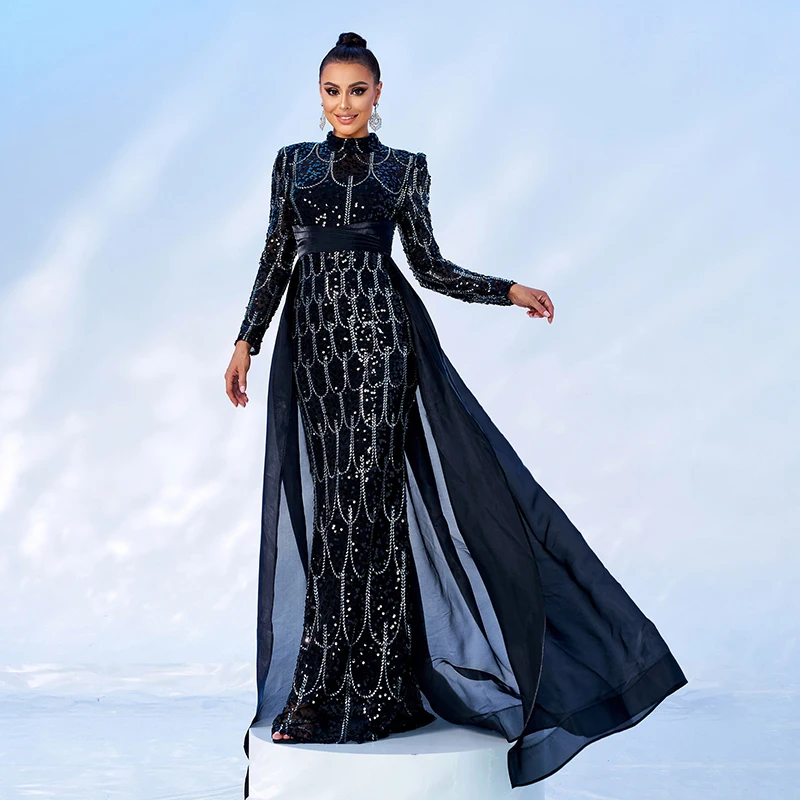 Women Luxury Party Dresses Long Sleeve O Neck Black Sequined Formal Occasion Evening Cocktail Prom Mermaid Dress