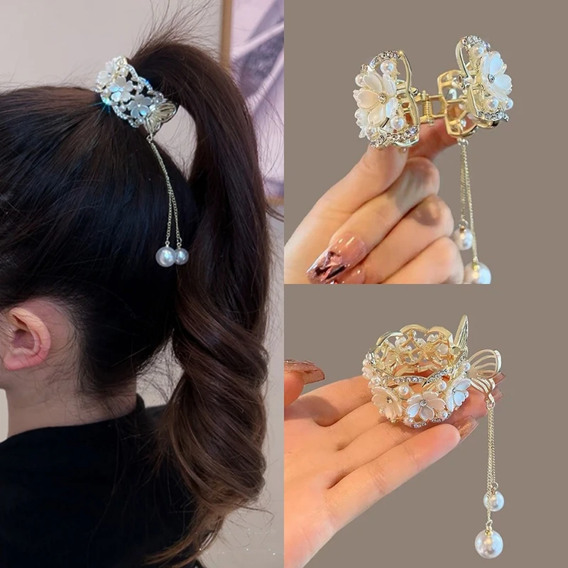 Fashion Rhinestone Tassel Pearl Hair Claws Flowers Hair Clip Women Barrettes Ponytail Holder Hairpins Hair Accessories Gifts