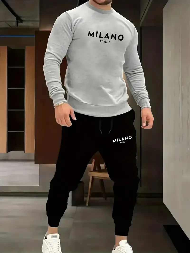 The new men's round-neck hoodie set for Spring and Autumn 2025 features a casual and comfortable 3D letter pattern print