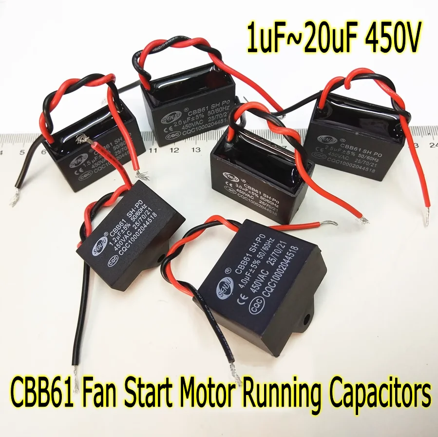 1pcs 1uF/1.2/1.5/1.8/2/2.5~20uF 450VAC CBB61 Fan Start Motor Running Thin Film Capacitor Ceiling Fan Range Hood 50/60HZ