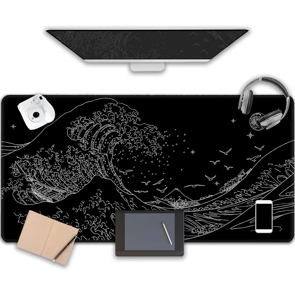 Large Gaming Mouse Pad, Black Sea Wave Design, XL Waterproof, Non-Slip for Gamers and Offices (47.2 x 23.6 in)