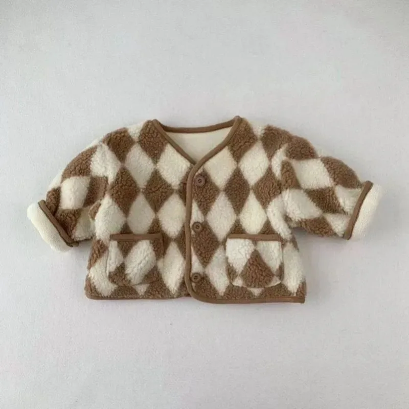 New Autumn Winter Coat Hairy Baby Thick Lamb Wool Checkered Cotton Jacket for Boys Girls Going Out Clothes