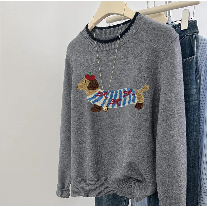 Cute Dachshund Embroidery Knitted Sweater 2025 Autumn And Winter 4d Cartoon Puppy Pullover Sweater Loose Casual One-size Sweater