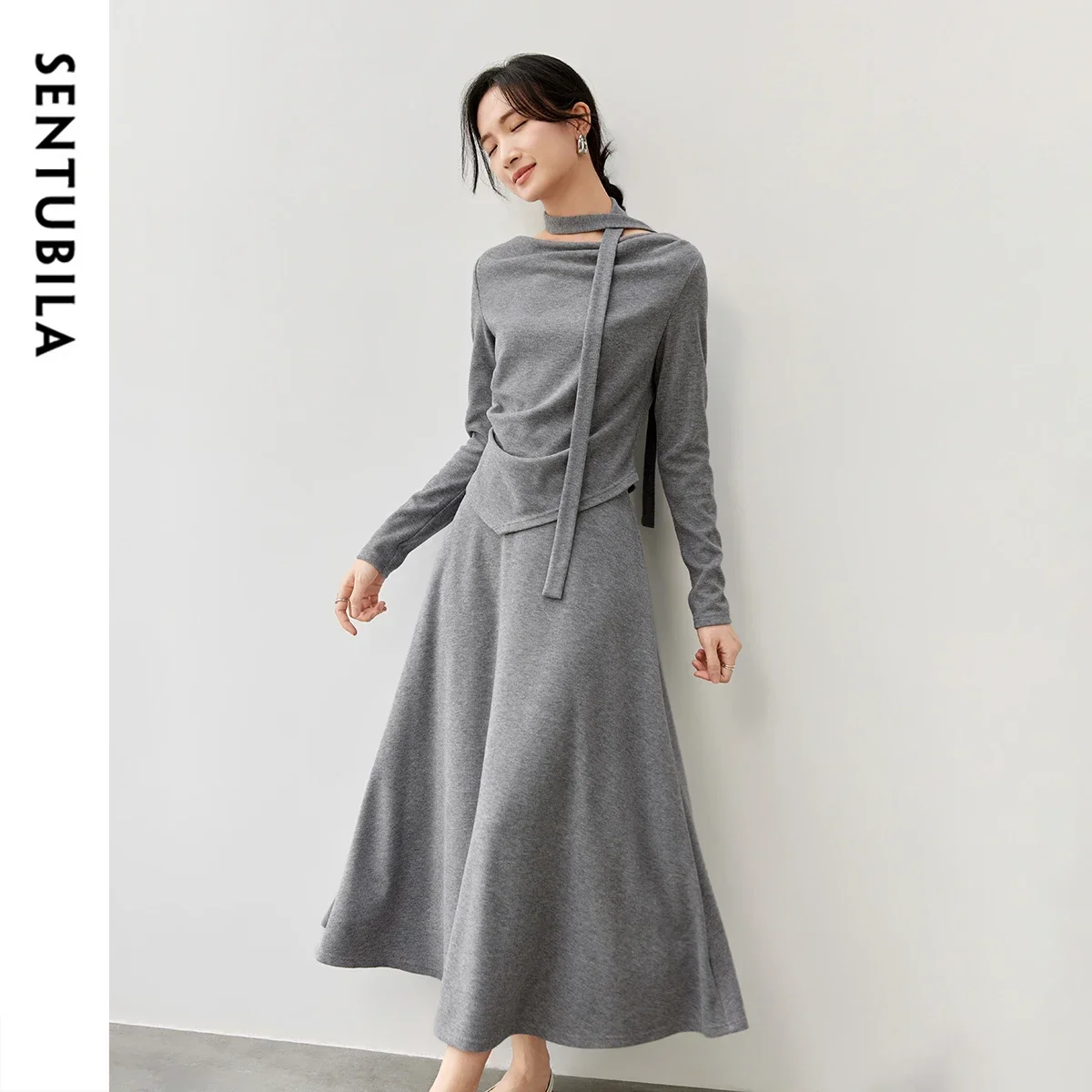 

SENTUBILA Women Grey Knitted Skirt Set 2025 Autumn Woman Outfits Grey Knit Tops Elastic Waist Long Skirts 2 Piece Sets 143Z57031