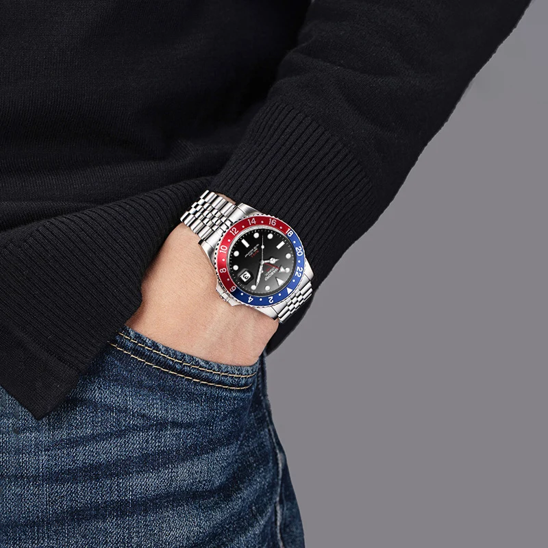 HANBORO Reloj Automático para Hombre 44MM GMT Reloj de Pulsera Mecánico de Lujo Luminoso 50M Lupa Resistente al Agua Fecha