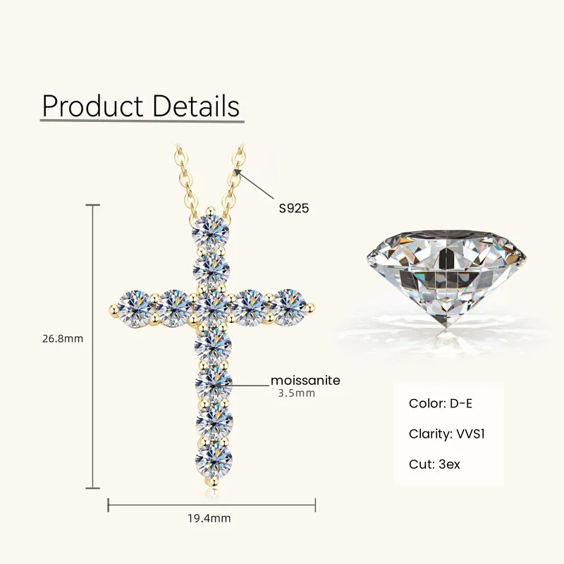 IOGOU Classic 3.5mm Full D Moissanite Cross Pendants Necklace Real 925 Silver Chain for Women Men Gift Jewelry Faithful Charms