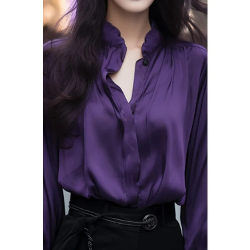 Spring Summer Stand Collar Elegant Fashion Long Sleeve Blouse Female Temperament Solid Color All-match Cardigan Top Women Shirt