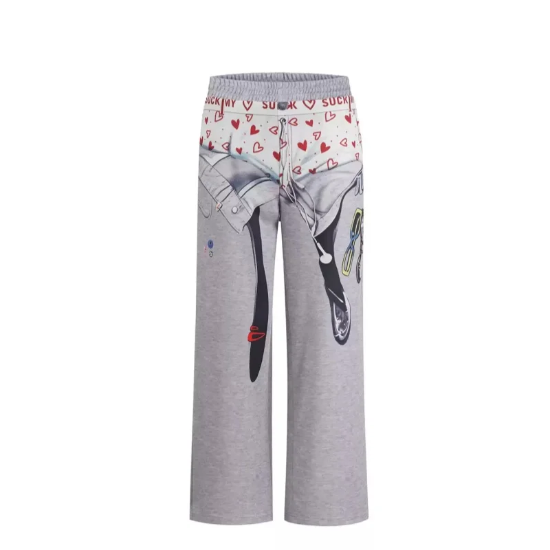 

Мужские спортивные брюки в американском стиле с принтом в виде сердечек, имитирующие две части, для лета, свободные, повседневные, модные.